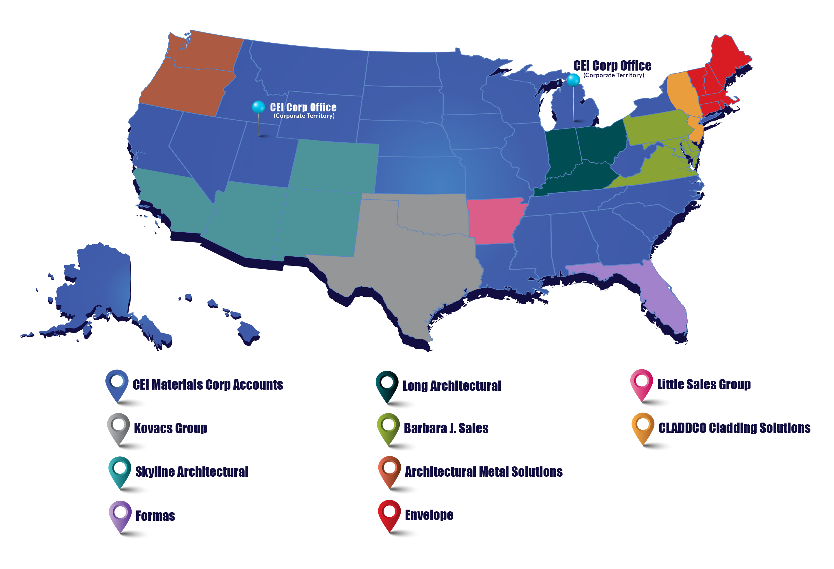 Contact CEI Composite Materials - (734) 212-3006 - Manchester, Michigan - CEI_Materials_Rep_Map_Aug_2025